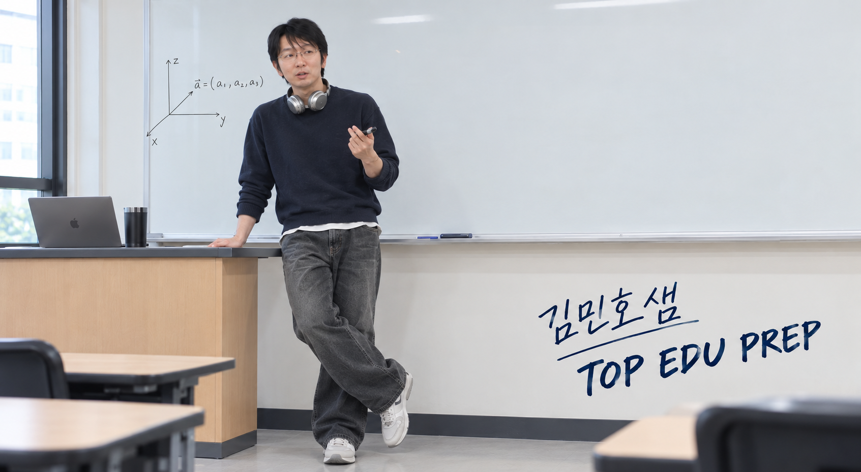 화이트보드 앞에서 수업하는 교사